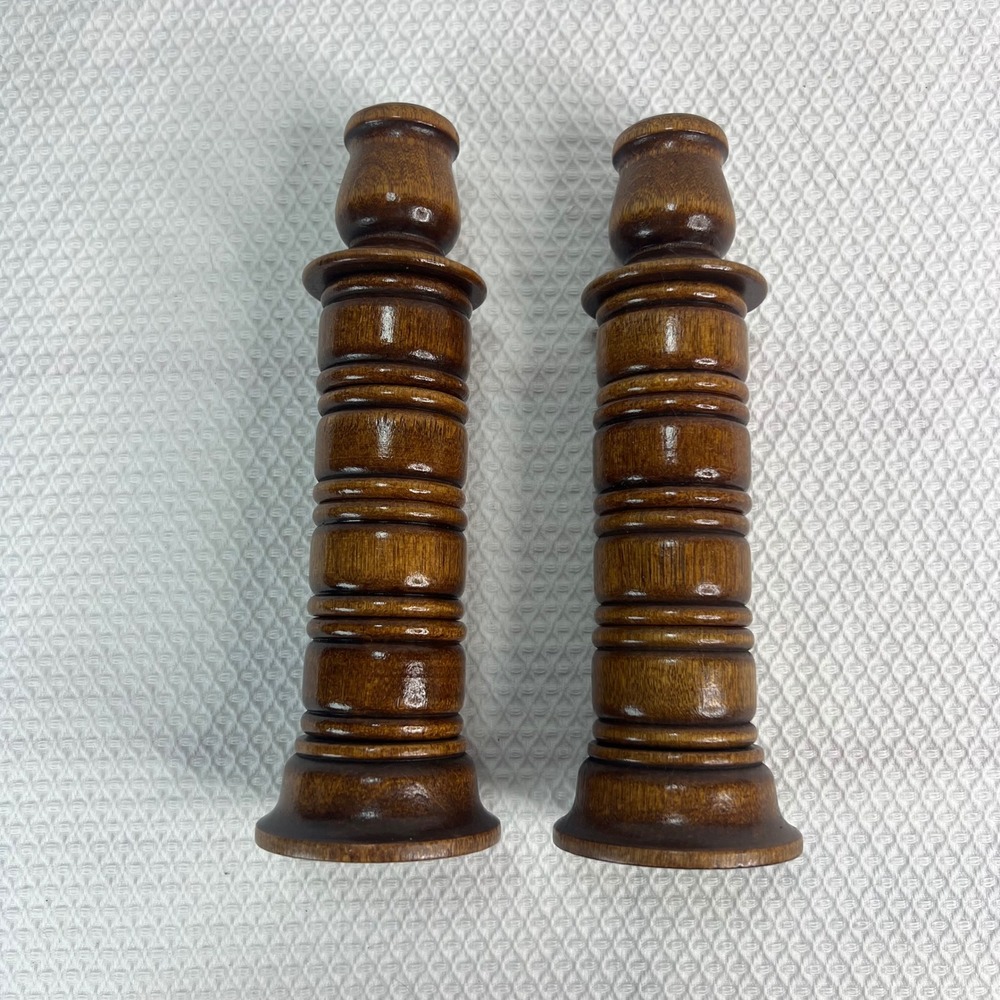 VTG Turned Wood Candlestick Holders Set of 2 Brown Spindle Taper MCM Felt Bottom